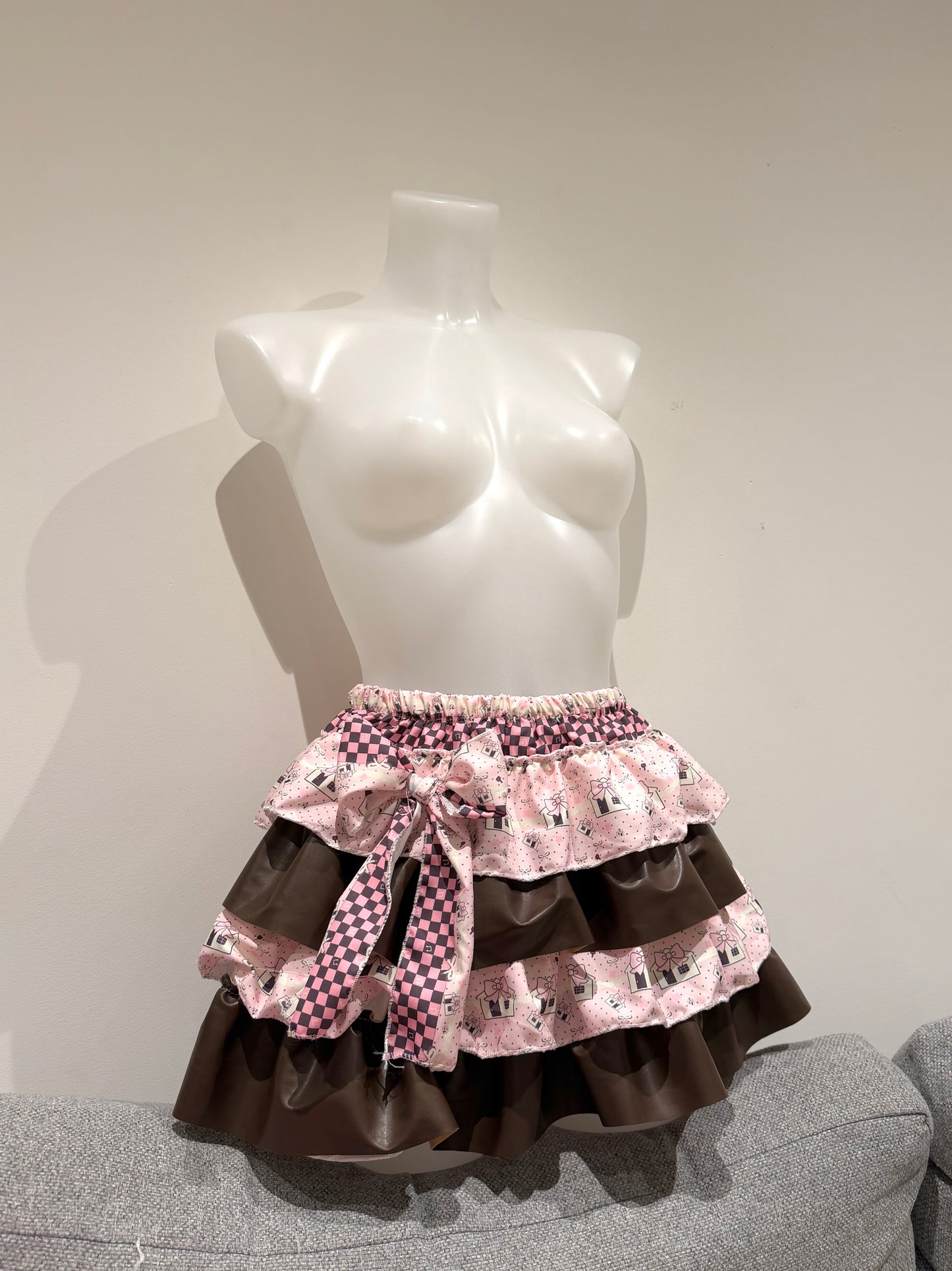 Y2K Cute Brown Faux Leather Kawaii Punk Cake Skirt Mini Cake Skirt