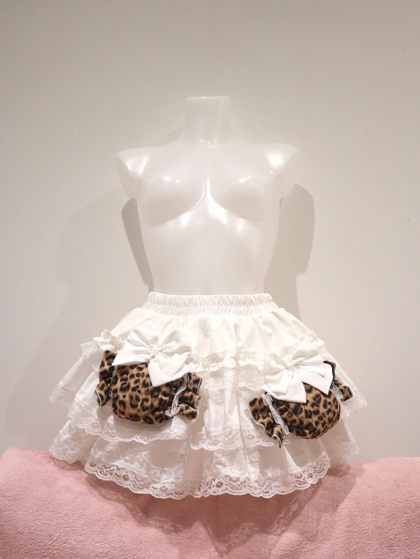 Y2K Leopard Princess Bow Puffy Mini Cake Skirt 4 Layer Heavy Design with Built-in Shorts