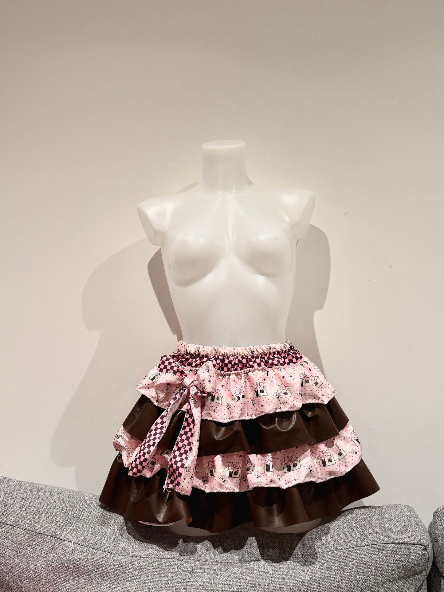 Y2K Cute Brown Faux Leather Kawaii Punk Cake Skirt Mini Cake Skirt
