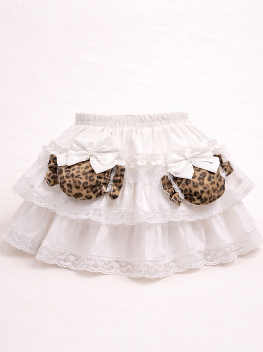 Y2K Leopard Princess Bow Puffy Mini Cake Skirt 4 Layer Heavy Design with Built-in Shorts