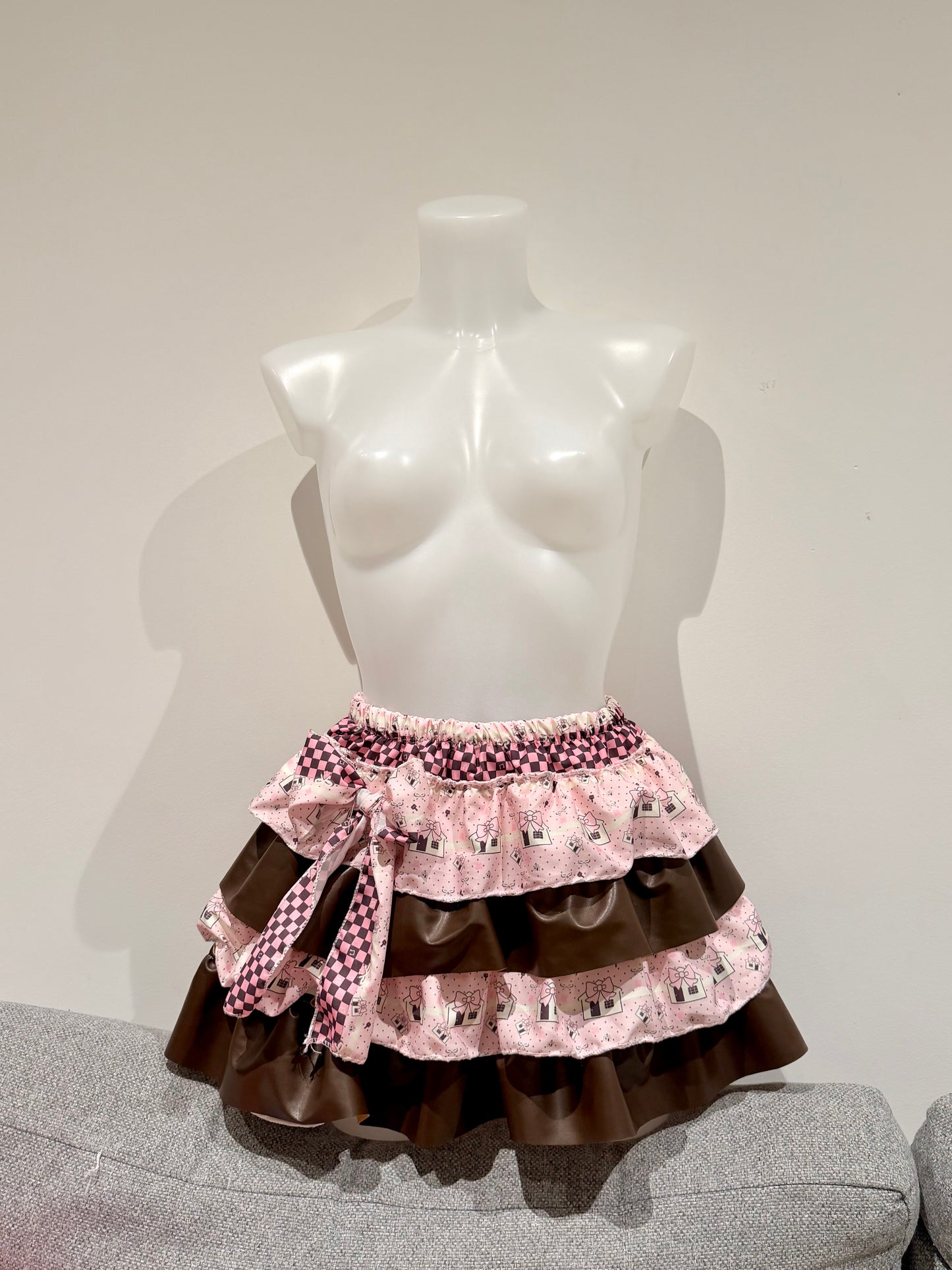 Y2K Cute Brown Faux Leather Kawaii Punk Cake Skirt Mini Cake Skirt