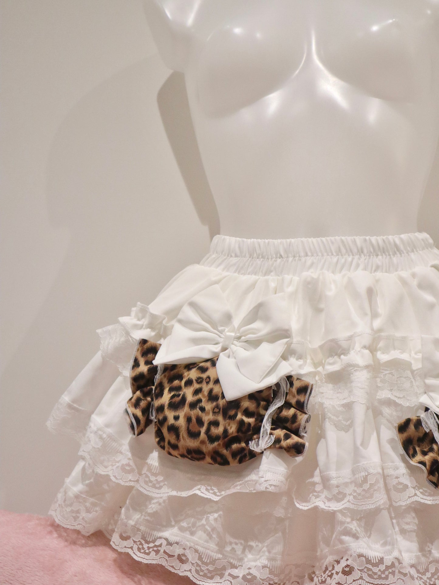 Y2K Leopard Princess Bow Puffy Mini Cake Skirt 4 Layer Heavy Design with Built-in Shorts