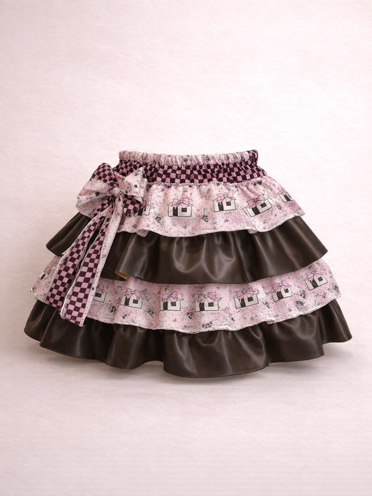 Y2K Cute Brown Faux Leather Kawaii Punk Cake Skirt Mini Cake Skirt