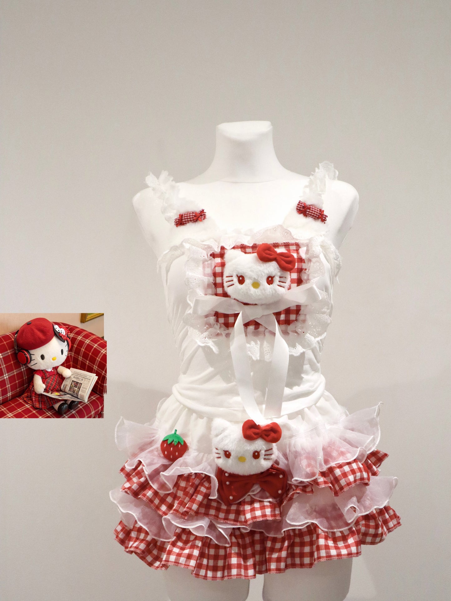 Y2K Red Plaid Hello Kitty Handmade Cake Skirt – Kawaii J-Fashion Lace Ruffle Mini Skirt with Built-in Shorts
