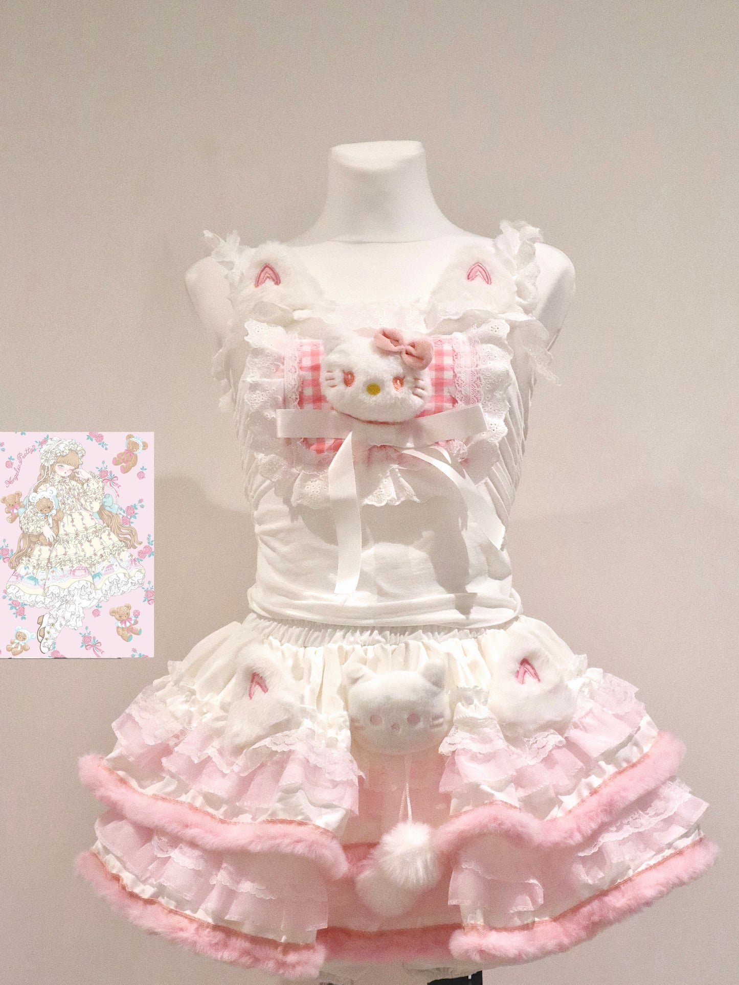 Y2K Fluffy Hello Kitty Handmade Cake Skirt – Kawaii Plush Sweet Mini Skirt with Built-in Safety Shorts