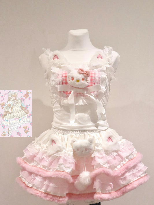 Y2K Fluffy Hello Kitty Handmade Cake Skirt – Kawaii Plush Sweet Mini Skirt with Built-in Safety Shorts