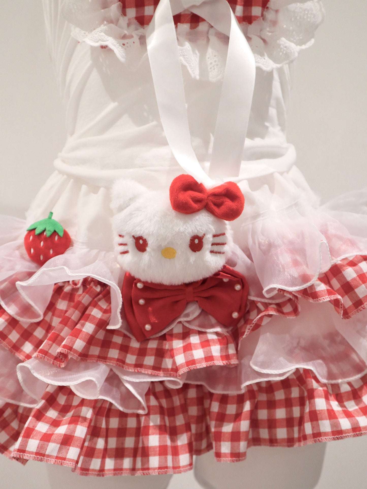 Y2K Red Plaid Hello Kitty Handmade Cake Skirt – Kawaii J-Fashion Lace Ruffle Mini Skirt with Built-in Shorts