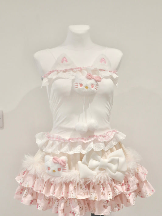 Handmade Hello Kitty Kawaii Cake Skirt – Y2K J-Fashion Sweet Mini Skirt with Built-in Shorts